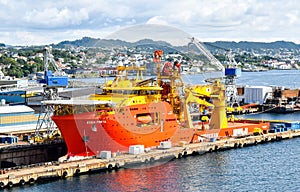 Offshore Construction Vessel OCV EDDA FREYA of the company DeepOcean is in a dry dock of a shipyard in Haugesund in Norway